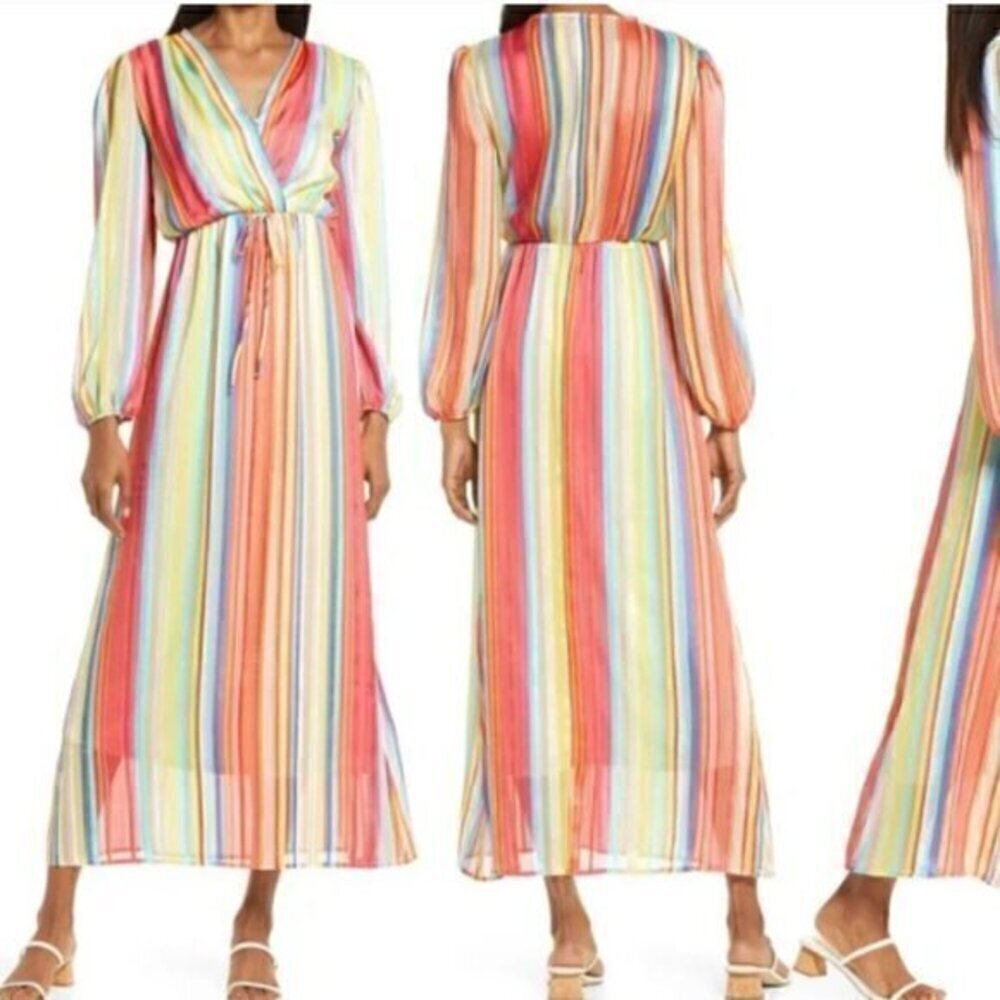 Fraiche Midi Dress womens XL Shirt Dress Tie Multicolor Striped Long Sleeve